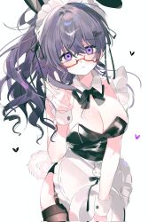 animal_ears animal_print apron asahina_mafuyu black_bow black_bowtie black_leotard black_ribbon black_thighhighs blush bow bowtie breasts cleavage cleaver closed_mouth cocotea collar garter_straps glasses hair_between_eyes hair_ornament hair_ribbon hand_up heart highres holding holding_plate leotard long_hair looking_at_viewer maid_apron maid_headdress nontraditional_playboy_bunny plate ponytail project_sekai purple_eyes purple_hair rabbit_ears rabbit_hair_ornament rabbit_print rabbit_tail red-framed_eyewear ribbon sidelocks simple_background straight_hair tail teardrop-framed_glasses thighhighs v white_background white_collar wrist_cuffs