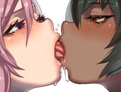 2girls absurdres blush close-up commentary dark-skinned_female dark_skin french_kiss green_hair heart highres interracial kiss kiss_focus multiple_girls original pink_eyes pink_hair rakuga_kiya saliva simple_background tongue tongue_out white_background yellow_eyes yuri