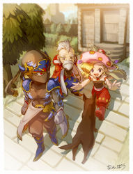1girl bare_shoulders beard blonde_hair blue_eyes cape dog earrings facial_hair final_fantasy final_fantasy_vi gloves hat highres interceptor_(ff6) jewelry long_hair multiple_boys mustache nanpou_(nanpou0021) open_mouth relm_arrowny shadow_(ff6) smile strago_magus strapless tree