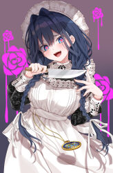 1girl :d apron black_dress blue_eyes blue_hair braid dress embroidery empire_waist fangs fingernails frilled_apron frilled_hat frills hair_intakes hair_over_shoulder hashtag-only_commentary hat heart heart-shaped_pupils highres holding holding_knife hololive hololive_english juliet_sleeves knife long_dress long_hair long_sleeves low_twin_braids maid maid_apron mob_cap mogu_(au1127) official_alternate_costume official_alternate_hairstyle open_mouth ouro_kronii ouro_kronii_(maid) pocket_watch puffy_sleeves puritan_collar smile solo symbol-shaped_pupils teeth twin_braids upper_teeth_only victorian_maid virtual_youtuber watch white_apron white_hat yandere