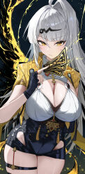 1girl absurdres arm_behind_back between_breasts black_background black_gloves black_shorts breasts cleavage commentary_request cowboy_shot electricity electrokinesis fingerless_gloves gloves grey_hair hair_ornament hand_up high-waist_shorts highres holding_ofuda jacket large_breasts long_hair looking_at_viewer mole mole_on_breast parted_lips shorts single_hair_intake solo thigh_strap thighs very_long_hair yellow_eyes yellow_jacket yi_xuan_(zenless_zone_zero) zenless_zone_zero zo_(nphm3333)