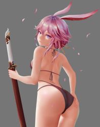 Rule 34 | 1girl, alternate hairstyle, animal ears, ass, bikini, black bikini, fox ears, grey background, honkai (series), honkai impact 3rd, katana, pink hair, purple eyes, simple background, swimsuit, sword, weapon, yae sakura, yuzuriha (pixiv 14248010)