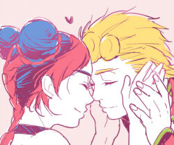 Rule 34 | 1boy, 1girl, blonde hair, blue hair, braid, choker, closed eyes, commentary request, double bun, forehead-to-forehead, giorno giovanna, hair bun, hands on another&#039;s face, heads together, heart, holding hands, jojo no kimyou na bouken, kuujou jolyne, multicolored hair, noses touching, red hair, single braid, smile, stone ocean, two-tone hair, vento aureo, wain08