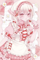 1girl apron blush bonnet bow braid breasts dress flower food frills fruit hair_bow hair_ornament highres holding long_hair looking_at_viewer mafuyu_(mfyo0) original pink_dress pink_eyes red_bow red_dress short_sleeves solo strawberry twin_braids twintails white_apron white_hair wrist_cuffs