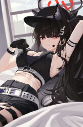 Rule 34 | absurdres, alternate costume, alternate hairstyle, animal ear fluff, animal ears, arm behind head, armpits, bare arms, black bra, black gloves, black hair, black hat, black shorts, black vest, blue archive, blunt bangs, bra, breasts, cat ears, cat girl, cleavage, cosplay, cropped vest, gloves, hair spread out, hand in own hair, hat, highres, long hair, looking at viewer, mirrorapo yemp, parted lips, red eyes, rio (blue archive), serika (blue archive), serika (blue archive) (cosplay), serika (idol) (blue archive), short shorts, shorts, side ponytail, sidelocks, thigh strap, underwear, very long hair, vest