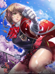 1girl bandages bandaid bandaid_on_cheek bandaid_on_face braid brown_hair chain-link_fence cherry_blossoms clenched_hands clenched_teeth emblem female_focus fence furyou_michi_~gang_road~ green_eyes hair_ornament hairclip jacket jewelry miniskirt necklace open_clothes open_jacket petals plaid_clothes plaid_skirt pleated_skirt school_uniform short_hair skirt solo sweater_vest teeth track_jacket ukero