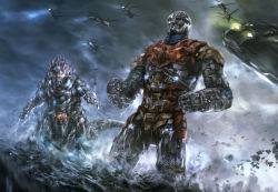 aircraft boeing boeing_defense,_space_&amp;_security ch-47_chinook glowing glowing_eyes godzilla_(series) godzilla_vs._mechagodzilla_ii godzilla_vs._megalon_(1973) helicopter highres jet_jaguar kaiju legendary_pictures mad_(artist) mecha mechagodzilla military monsterverse no_humans ocean pacific_rim parody realistic robot sky style_parody super-x super_robot toho v-50_jumphawk water weapon