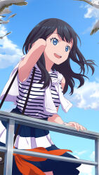 1girl :d bag bird black_bag black_hair blue_eyes blue_skirt day floating_hair game_cg gridman_universe highres horizontal-striped_clothes long_hair long_skirt official_art open_mouth outdoors railing seagull shirt shoulder_bag skirt sky sleeveless sleeveless_shirt smile solo ssss.gridman striped_clothes striped_shirt takarada_rikka teeth third-party_source upper_teeth_only watch wristwatch