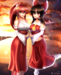 Rule 34 | 2girls, absurdres, artist name, ascot, blacksaikou, blush, bow, breasts, brown eyes, brown hair, cloud, commentary, crop top, crossover, detached sleeves, english commentary, fangs, feet out of frame, frilled bow, frilled hair tubes, frilled shirt collar, frilled skirt, frills, hair bobbles, hair bow, hair ornament, hair tubes, hairclip, hakurei reimu, high ponytail, highres, holding hands, interlocked fingers, japanese clothes, lamia, large breasts, long hair, looking at viewer, miia (monster musume), miko, monster girl, monster musume no iru nichijou, multiple girls, open mouth, orange sky, outdoors, pointy ears, ponytail, red bow, red hair, red shirt, red skirt, ribbon-trimmed sleeves, ribbon trim, scales, shirt, sideboob, sidelocks, skirt, skirt set, sky, sleeveless, sleeveless shirt, slit pupils, smile, socks, standing, standing on one leg, sunset, touhou, white sleeves, white socks, yellow ascot, yellow eyes