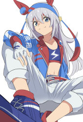 Rule 34 | 1girl, absurdres, animal ears, arm on knee, belt, blue eyes, blue hairband, blue jacket, blue shirt, blue shoes, buckwheat638478, capri pants, closed mouth, commentary, cropped shirt, ear covers, fingerless gloves, foreshortening, gloves, grey hair, hairband, headband, highres, horse ears, horse girl, jacket, lightning bolt symbol, long hair, looking at viewer, loose belt, midriff, navel, open clothes, open jacket, pants, print shirt, red belt, red headband, red socks, shirt, shoes, simple background, sitting, smirk, socks, solo, tamamo cross (umamusume), umamusume, white background, white gloves, white pants