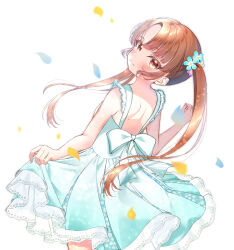 1girl bare_arms bare_shoulders blush bow brown_eyes brown_hair closed_mouth dress flower frills hair_flower hair_ornament highres long_hair looking_at_viewer looking_back ongeki petals sakuranoron shinonome_tsumugi skirt_hold sleeveless sleeveless_dress smile solo striped_clothes striped_dress twintails vertical-striped_clothes vertical-striped_dress white_dress