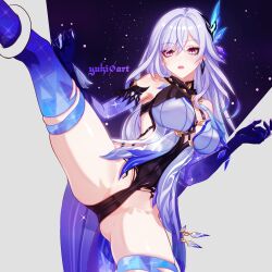 armpits artist_name black_choker black_leotard blue_dress blue_gloves blue_hair blue_thighhighs border breast_strap breasts cameltoe chest_strap choker cleavage dress ear_piercing earrings elbow_gloves eyebrows_hidden_by_hair eyes_visible_through_hair genshin_impact gloves half-dress half-leotard highleg highleg_leotard highres jewelry large_breasts leotard lipstick long_hair looking_to_the_side makeup night night_sky open_mouth outside_border piercing pink_eyes pink_lips purple_sky short_dress sideless_dress single_earring skirk_(genshin_impact) sky solo standing star_(sky) thighhighs thighs tongue very_long_hair white_border white_hair yuki0_art
