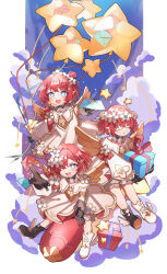 3girls ancient_greek_clothes angel_wings architecture asymmetrical_footwear balloon black_boots black_gloves blue_eyes boots box cloud commentary_request cross-shaped_pupils dress flower gift gift_box gloves greco-roman_architecture greco-roman_clothes hair_flower hair_ornament hair_over_one_eye head_wreath highres holding holding_balloon holding_gift holding_letter honkai:_star_rail honkai_(series) letter mismatched_footwear multiple_girls open_mouth pointy_ears red_hair riding_rocket rocket_ship short_hair spacecraft star_balloon symbol-shaped_pupils trianne_(honkai:_star_rail) tribbie_(honkai:_star_rail) trinnon_(honkai:_star_rail) triplets white_blindfold white_boots white_dress winged_boots wings xi7o2