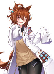 Rule 34 | 1girl, agnes tachyon (umamusume), ahoge, animal ears, black pantyhose, black shirt, blush, brown hair, brown tail, buttons, collared shirt, cowboy shot, earrings, hair between eyes, hand up, highres, horse ears, horse girl, horse tail, hoshino reiji, jewelry, lab coat, looking at viewer, medium hair, one eye closed, open mouth, pantyhose, pen, red eyes, shirt, sidelocks, simple background, single earring, sleeves past fingers, sleeves past wrists, smile, solo, sweater vest, tail, test tube, umamusume, very long sleeves, white background, wide sleeves, yellow sweater vest, zipper