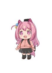 1girl :d animal_ears bandaid bandaid_on_knee bandaid_on_leg black_skirt black_socks bocchi_the_rock! brown_shoes chibi cosplay cube_hair_ornament flower-shaped_pupils full_body gotoh_hitori gotoh_hitori_(cosplay) hair_intakes hair_ornament haru_urara_(umamusume) highres horse_ears horse_girl horse_tail instrument_case jacket long_hair long_sleeves looking_at_viewer moko39_takasora one_side_up open_mouth pink_hair pink_jacket pleated_skirt puffy_long_sleeves puffy_sleeves purple_eyes shoes simple_background skirt sleeves_past_wrists smile socks solo standing symbol-shaped_pupils tail track_jacket umamusume very_long_hair white_background