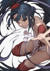 1girl absurdres black_hair black_wings blurry brown_eyes commentary_request depth_of_field detached_pants detached_sleeves facing_viewer hair_bun hat highres japanese_clothes kaekae_kaeru kimono long_hair nijisanji parted_lips red_hat simple_background skirt sleeveless sleeveless_kimono slit_pupils solo tengu tokin_hat virtual_youtuber white_background white_kimono white_skirt wings yamagami_karuta yamagami_karuta_(1st_costume)