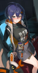 1boy 1girl absurdres aqua_eyes belle_(zenless_zone_zero) black_shirt black_thighhighs blue_hair blush breasts clothes_writing commentary doorway earrings embarrassed eous_(zenless_zone_zero) grey_skirt hair_between_eyes hair_ornament highres hood hood_down hoodie indoors jacket jewelry large_breasts leaning_back letter_hair_ornament lillly long_sleeves looking_at_viewer miniskirt multicolored_hoodie pencil_skirt pornography pov pov_doorway pov_hands shirt short_hair single_bare_leg single_thighhigh skirt smile solo_focus sound_effects sweatdrop thighhighs white_hoodie wise_(zenless_zone_zero) zenless_zone_zero