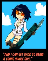 Rule 34 | 1girl, black hair, boots, breasts, brown boots, brown gloves, cleavage, cloud, commission, devil may cry, devil may cry (series), devil may cry 4, gloves, heterochromia, highres, holding, holding rocket launcher, holding weapon, jacket, kalina ann (weapon), lady (devil may cry), red eyes, rocket launcher, second-party source, setz, shorts, smile, thigh strap, tinted eyewear, weapon, white jacket, white shorts