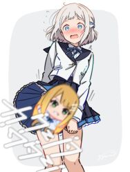absurdres blue_eyes blue_ribbon blush braid character_doll clothes_lift commentary_request convenient_censoring cropped_jacket doll embarrassed gakuen_idolmaster grey_hair gyorui_(katsuwo_drawing) hatsuboshi_gakuen_school_uniform highres idolmaster jacket katsuragi_lilja motion_blur neck_ribbon nose_blush open_mouth pleated_skirt ribbon school_uniform shirt shiun_sumika short_hair skirt skirt_lift surprised translation_request white_jacket white_shirt wind wind_lift