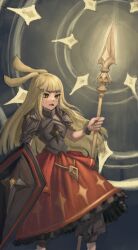 Rule 34 | 1girl, absurdres, aisleen art, animal ears, armor, blonde hair, blunt bangs, breastplate, commentary, defender rabbit, english commentary, floppy ears, foot out of frame, frilled skirt, frills, grey background, highres, holding, holding polearm, holding shield, holding weapon, long hair, open mouth, orange skirt, polearm, rabbit and steel, rabbit ears, rabbit girl, shield, skirt, solo, spear, weapon, yellow eyes