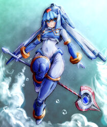 1girl absurdres air_bubble android armor bikini_armor blue_armor blue_eyes blue_helmet breasts bubble fairy_leviathan_(mega_man) fins forehead_jewel full_body head_fins helmet highres holding holding_polearm holding_weapon medium_breasts mega_man_(series) mega_man_zero_(series) nymph_rhythm polearm solo spear underwater weapon