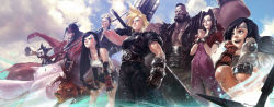 1990s_(style) 3girls 4boys aerith_gainsborough barret_wallace beard ben_lo cait_sith_(final_fantasy) cape cat cid_highwind cigarette cloak cloud_strife cropped_jacket crown dark_skin dress earrings everyone facial_hair fangs final_fantasy final_fantasy_vii forehead_protector gauntlets goggles goggles_on_head headband highres jewelry microphone multiple_boys multiple_girls red_xiii skirt spiked_hair staff suspenders sword tifa_lockhart torn_clothes torn_sleeves vincent_valentine weapon whiskers yuffie_kisaragi