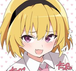 Rule 34 | +++, 1girl, :d, black hairband, blonde hair, blush, collared shirt, fang, hairband, heart, heart background, highres, higurashi no naku koro ni, houjou satoko, looking at viewer, necktie, niyane, open mouth, pink necktie, portrait, purple eyes, shirt, short hair, skin fang, smile, solo, white background, white shirt