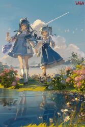Rule 34 | 22 (sailing era), 2girls, 33 (sailing era), absurdres, ahoge, bag, belt, bili girl 22, bili girl 33, bilibili, bilibili logo, bird, black footwear, blue dress, blue flower, blue hair, blue skirt, blue sky, bow, cloud, daisy (flower), day, dress, drink, flower, glasses, grin, hat, highres, holding, holding drink, holding hands, hydrangea, jacket, long hair, long skirt, long sleeves, multiple girls, off shoulder, open clothes, open jacket, outdoors, pink flower, puddle, red eyes, reflection, reflective water, sailing era, sailor collar, sailor hat, shirt, short dress, short sleeves, shoulder bag, side ponytail, skirt, sky, smile, socks, standing, suspender skirt, suspenders, toto (caaaaarrot), walking, white bird, white bow, white flower, white hat, white jacket, white shirt, white socks
