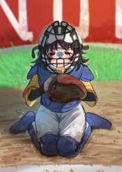 Rule 34 | 1girl, anya (mouthwashing), baseball, baseball glove, baseball helmet, black eyes, boots, catcher&#039;s mask, day, dirt, dirty, dirty clothes, grass, helmet, highres, knee pads, layered sleeves, long sleeves, looking at viewer, mouthwashing, open mouth, outdoors, paki2000, pants, shirt, short over long sleeves, short sleeves, sitting, solo, trembling, wariza, white pants, yellow shirt