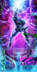 1girl 1other absurdres alien arm_up blue_skin colored_skin commentary dark_samus determined electricity energy_ball english_commentary extra_eyes eyelashes floating glitch glowing heads-up_display health_bar highres looking_at_viewer metroid metroid_prime_2:_echoes nintendo powering_up purple_background red_eyes samus_aran see-through_skin signature twitter_username user_interface veins yasukuni_kazumasa