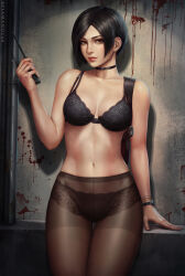 1girl ada_wong bare_shoulders black_hair blush bra breasts brown_eyes choker female_focus gloves gun highres lingerie looking_at_viewer medium_breasts panties panties_under_pantyhose pantyhose resident_evil resident_evil_2 resident_evil_2_(remake) sciamano240 short_hair simple_background solo standing underwear weapon