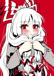 1girl annmi_minori blush bow fujiwara_no_mokou hair_bow highres limited_palette long_hair looking_at_viewer red_background red_eyes solo touhou upper_body white_hair