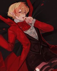 1boy alternate_costume alternate_ears alternate_eye_color alternate_hair_color bed_sheet bishounen black_background black_garter_straps black_shorts black_vest blonde_hair blood blood_splatter bow bowtie coat collared_shirt commentary dipsia_(e.g.o) e5ere7l english_commentary fingernails frilled_sleeves frills garter_straps hair_between_eyes highres limbus_company lying male_focus multicolored_hair mystical_high_collar on_back open_clothes open_coat project_moon red_bow red_bowtie red_coat red_eyes red_nails red_streaks sharp_fingernails sharp_teeth shirt shorts simple_background sinclair_(project_moon) streaked_hair striped_clothes striped_thighhighs tearing_up teeth thigh_peek thighhighs three_quarter_view tongue vampire vest white_shirt wiping_mouth