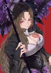 1girl absurdres black_corset bonnet bow breast_tattoo breasts brown_hair cleavage cleavage_cutout clothing_cutout corset highres holding holding_umbrella klack_rodyalove la_manchaland_(identity)_(project_moon) limbus_company long_hair looking_at_viewer parted_bangs project_moon purple_bonnet purple_bow purple_nails purple_umbrella red_background red_eyes rodion_(project_moon) simple_background solo standing tattoo umbrella upper_body very_long_hair