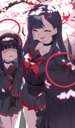 3girls ^_^ absurdres black_choker black_gloves black_hair black_hat black_serafuku black_skirt blue_archive cherry_blossoms choker closed_eyes gloves hair_ornament hair_over_eyes hairclip halo hand_on_another&#039;s_head hat highres ichika_(blue_archive) justice_task_force_(blue_archive) justice_task_force_member_(blue_archive) long_hair multiple_girls neckerchief open_mouth petals pleated_skirt red_halo red_neckerchief school_uniform serafuku skirt smile standing thighs wako_(1194433260)