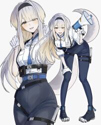 1girl animal_ears baton_(weapon) belt blonde_hair blue_belt blue_pantyhose blush breasts chest_harness dog_ears dog_girl dog_tail gloves gradient_hair grey_hair hair_flaps hairband half_gloves harness high-waist_shorts high_collar highres holding holding_megaphone holster id_card long_hair medium_breasts megaphone multicolored_hair neck_tassel nijisanji pantyhose paw_shoes police police_uniform policewoman quilted_clothes shioriha_ruri shioriha_ruri_(1st_costume) shirt shirt_tucked_in short_shorts shorts sidelocks swept_bangs tail thigh_holster weapon white_gloves white_shirt yellow_eyes yonki_(gwiyonki)