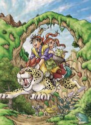 1girl 2boys :d bag bare_shoulders black_eyes blue_eyes blue_shirt blue_sky boots brown_boots brown_eyes brown_hair coat colored_sclera commentary_request day dragon_quest dragon_quest_viii earrings floating_hair flower_request fox frog fur_vest grass great_sabrecat green_bag green_pants grey_pants hair_pulled_back hair_tubes hero_(dq8) highres jessica_albert jewelry leaf looking_ahead looking_back metal_hair_tubes mouse_(animal) multiple_boys munchie_(dq8) murakami_yumiko off_shoulder open_mouth orange_hair outdoors pants purple_shirt red_fur red_skirt riding ruins sharp_teeth shirt shoulder_bag skirt sky sleeveless sleeveless_coat sleeves_rolled_up smile sphere_earrings spiked_hair spiked_hat spotted_fur teeth tongue toriyama_akira_(style) tree twintails whip white_fur yangus yellow_coat yellow_fur yellow_sclera