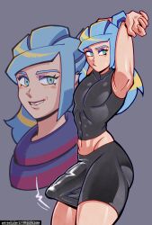 Rule 34 | blue hair, crimsoncoax, crop top, grusha (pokemon), highres, impossible clothes, midriff, navel, nintendo, non-web source, pokemon, pokemon sv, simple background, toned, toned male, zoom layer