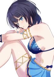 1girl absurdres armlet asaka_karin beniyomogi blue_eyes blue_hair blue_nails blue_skirt breasts cleavage commentary highres jewelry large_breasts looking_at_viewer love_live! love_live!_nijigasaki_high_school_idol_club medium_hair nail_polish navel open_mouth pleated_skirt simple_background skirt solo stomach thigh_strap white_background