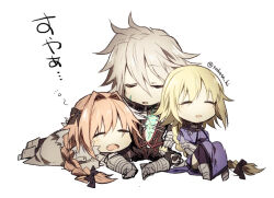 Rule 34 | 1girl, 2boys, armored boots, astolfo (fate), black bow, black jacket, black pants, black thighhighs, blonde hair, blue dress, boots, bow, braid, breasts, cape, chibi, chibi only, closed eyes, dress, fang, fate/apocrypha, fate (series), full body, fur-trimmed cape, fur trim, grey hair, hair between eyes, hair bow, hair intakes, jacket, jeanne d&#039;arc (fate), light blush, long braid, long hair, lying, medium breasts, multiple boys, open clothes, open jacket, open mouth, pants, pink hair, scar, scar on chest, siegfried (fate), simple background, single braid, sitting, sleeping, spiked hair, squeans, takasaki (rock rock), thighhighs, twitter username, very long hair, white background, white cape, white hair