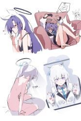 3girls absurdres against_glass black_halo blue_archive bottle bow_hairband breast_press completely_nude controller couch flying_sweatdrops game_controller hair_down hair_ornament hairband halo high_ponytail highres holding holding_bottle holding_controller holding_game_controller long_hair mechanical_halo mmhomm multiple_girls noa_(blue_archive) nude on_couch ponytail purple_eyes purple_hair sweat translation_request triangle_hair_ornament tripping water_bottle wet white_background white_hair white_halo wide-eyed yuuka_(blue_archive) yuuka_(pajamas)_(blue_archive) yuzu_(blue_archive)
