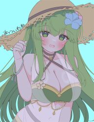 1girl asage_(asgsn) bikini breasts cleavage criss-cross_halter fire_emblem fire_emblem_echoes:_shadows_of_valentia fire_emblem_heroes flower green_bikini green_eyes green_hair green_nails hair_flower hair_ornament halterneck hat jewelry large_breasts long_hair medium_breasts multicolored_nails nail_polish navel nintendo official_alternate_costume palla_(fire_emblem) palla_(summer)_(fire_emblem) see-through_clothes solo straw_hat sun_hat swimsuit upper_body