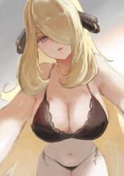 1girl black_bra black_eyes black_panties blonde_hair bra breasts cleavage cowboy_shot cynthia_(pokemon) grey_background hair_over_one_eye highres lace lace_bra large_breasts long_hair navel nintendo panties pokemon pokemon_dppt ringosan2329 side-tie_panties simple_background solo underwear very_long_hair