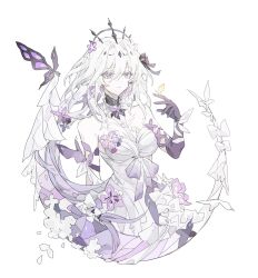 1girl absurdres bare_shoulders black_bow black_tiara bow breasts bug butterfly butterfly_hair_ornament butterfly_ornament castorice_(honkai:_star_rail) closed_mouth dress elbow_gloves flower gloves gradient_hair hair_between_eyes hair_bow hair_flower hair_ornament hand_up highres honkai:_star_rail honkai_(series) insect long_hair low_twintails medium_breasts multicolored_hair pointy_ears purple_bow purple_eyes purple_flower purple_gloves purple_hair simple_background sleeveless sleeveless_dress solo tiara tunaguri_(dalang-eopo) twintails white_background white_bow white_dress white_hair yellow_butterfly