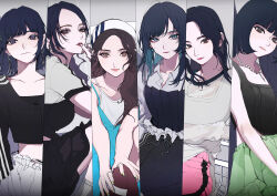 6+girls absurdres ado_(utaite) american_football_(object) animification ball bead_necklace beads beret black_camisole black_eyes black_hair black_shirt black_shorts black_skirt black_tank_top blue_dress blue_eyes blue_hair blunt_bangs breasts brown_eyes brown_hair camisole chando_(ado) cloud_nine_inc collarbone colored_inner_hair column_lineup cropped_shirt dress earrings expressionless green_nails green_skirt grey_background grey_shirt grey_tank_top hair_behind_ear hat head_tilt highres holding holding_ball hong_eun-chae hoop_earrings huh_yun-jin jewelry k-pop kim_chae-won le_sserafim leaning_to_the_side long_hair long_sleeves looking_at_viewer medium_breasts midriff miyawaki_sakura mole mole_under_eye multicolored_hair multiple_girls multiple_rings nakamura_kazuha necklace orihara_(ewkkyorhr) parted_lips pink_lips pink_nails pink_shorts real_life ring see-through_clothes see-through_shirt shirt short_hair shorts sitting skirt sleeves_past_wrists smile tank_top two-tone_shirt utaite white_camisole white_headwear white_skirt wristband