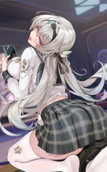 1boy 1girl blush breasts caelus_(honkai:_star_rail) firefly_(honkai:_star_rail) firefly_(spring_missive)_(honkai:_star_rail) highres holding holding_phone honkai:_star_rail honkai_(series) matrix16 open_mouth phone sitting sitting_on_person skirt thighhighs trailblazer_(honkai:_star_rail) white_thighhighs