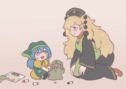 2girls aged_down apron baby bird blonde_hair blush character_name child&#039;s_drawing clay crayon dirty dirty_face dirty_hands green_headscarf green_headwear hair_between_eyes haniyasushin_keiki headscarf junko_(touhou) junko_day kneeling long_hair long_sleeves motherly multiple_girls open_mouth orange_eyes phoenix sandals senmura short_sleeves simple_background smile tassel touhou