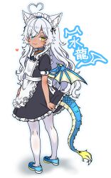 Rule 34 | :3, animal ears, apron, aqua eyes, aqua nails, aqua shoes, black dress, blush, cat ears, dark-skinned female, dark skin, dragon tail, dragon wings, dress, eyes visible through hair, flat chest, heart, heterochromia, highres, kneepits, long hair, looking at viewer, maid, maid apron, maid headdress, medium dress, negationtenmaru, original, pantyhose, puffy short sleeves, puffy sleeves, shoes, short sleeves, tail, tail under clothes, twisted torso, very long hair, wavy hair, white hair, white pantyhose, wings, yellow eyes