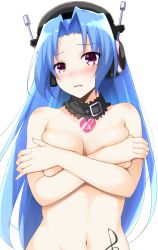5pb_(neptunia) blue_hair blush breasts collar commentary_request covering_privates covering_breasts doria_(p_f_dolia) hair_intakes headphones highres long_hair looking_at_viewer medium_breasts navel neptune_(series) nude parted_bangs purple_eyes simple_background solo tattoo treble_clef wavy_mouth white_background