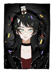 1girl bang_dream! bang_dream!_it&#039;s_mygo!!!!! black_choker black_hair black_jacket blue_eyes carton chinese_commentary chinese_text choker commentary_request confetti fake_phone_screenshot fake_screenshot feimeixiangguji food food_on_face hair_ornament hair_ribbon hairclip highres jacket one_side_up red_shirt ribbon shirt solo togawa_sakiko translation_request upper_body wakaba_mutsumi yahata_umiri